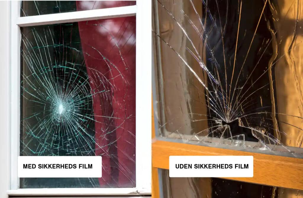 Med og uden sikkerhedsfilm til vinduer monteret